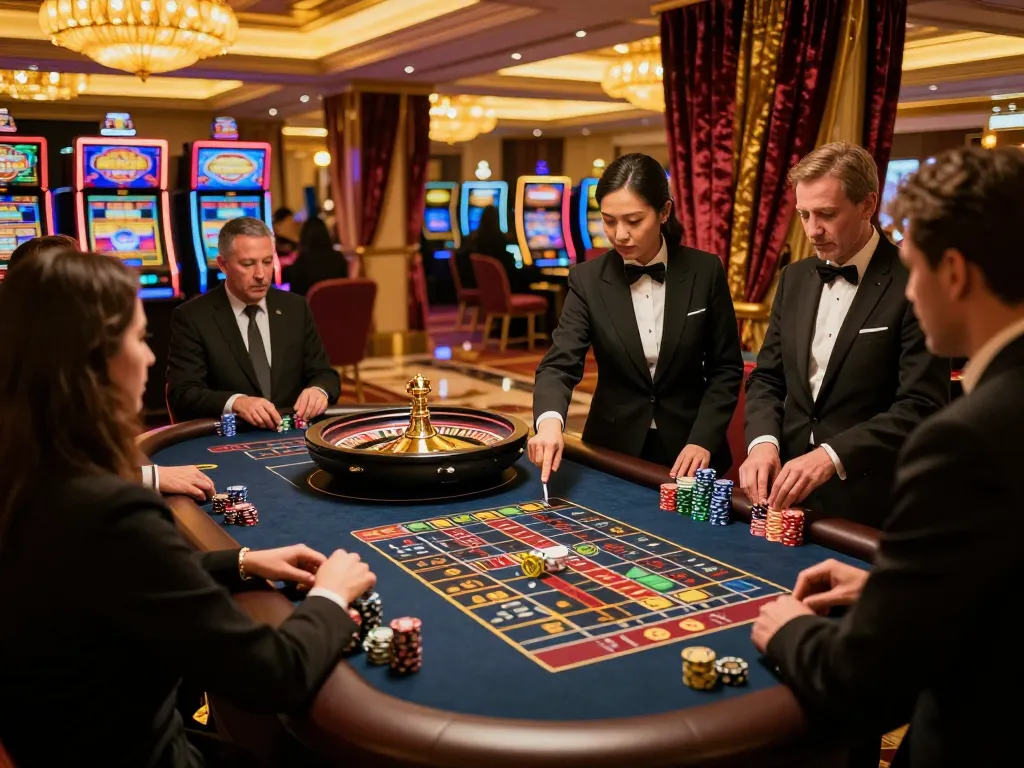 KONG88 roulette table with excited players placing bets and the croupier spinning the wheel in a luxurious casino setting.