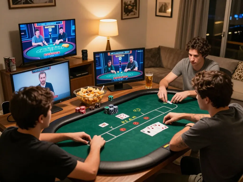 Thebigbearbutt bermain poker online di rumah, menunjukkan strategi yang fokus dan suasana yang nyaman.