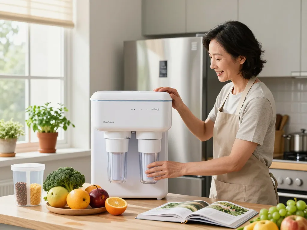 Homeowner installing EcoAqua WF1CB Refrigerator water Filter in a clean, modern kitchen filled with fresh produce and sustainable items.