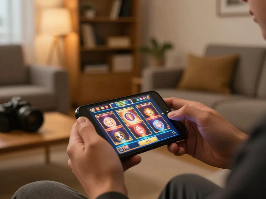 Engaging in mobile gambling with the upintogel slots on a smartphone in a cozy living room setting.
