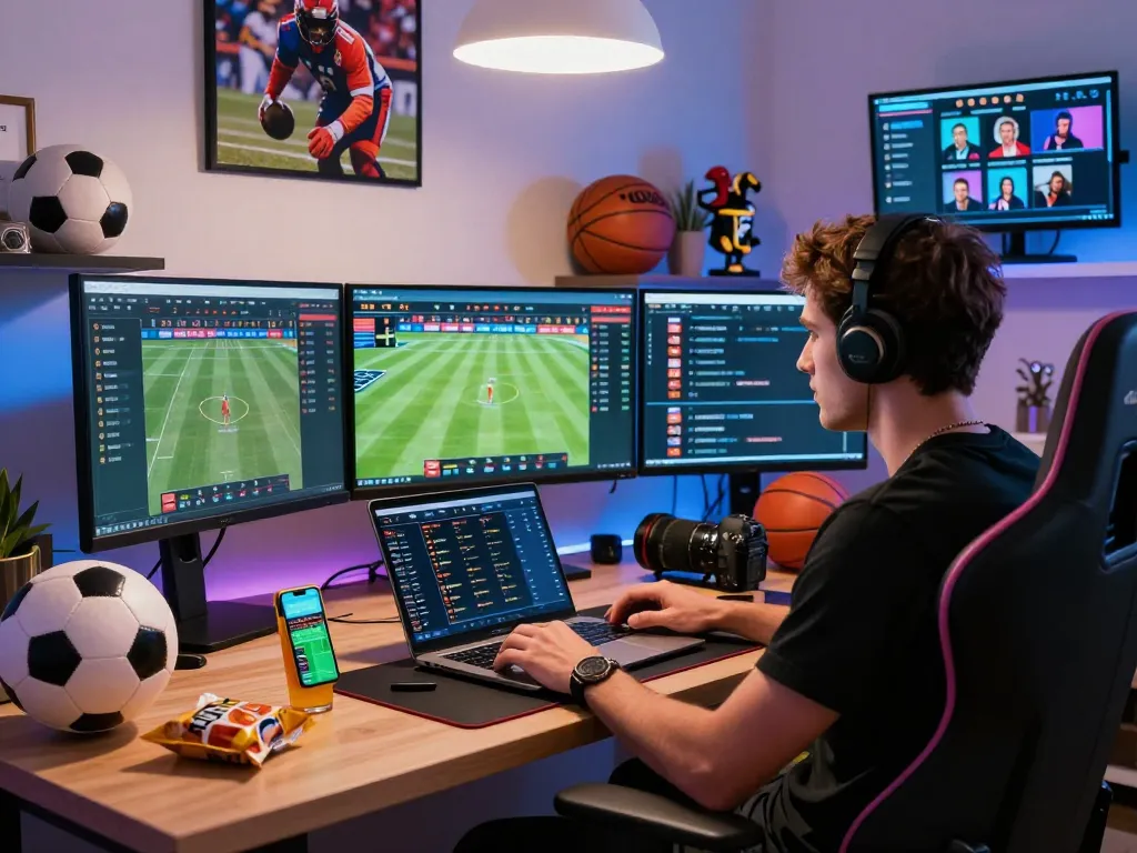 Engaging zbet sports betting scene with multiple screens and dynamic atmosphere.