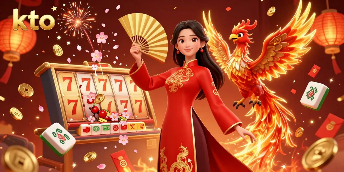 Engage with kto's vibrant casino atmosphere featuring an elegant woman and a phoenix amidst thrilling slots action.
