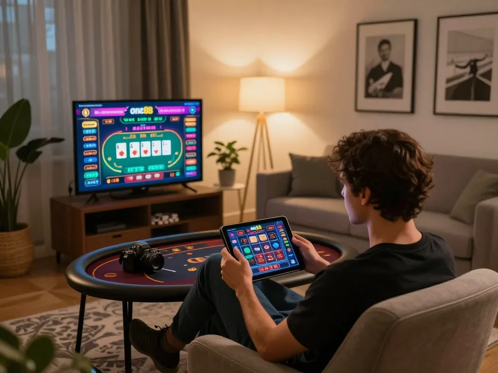 Experience the one88 online casino interface on a cozy home setup with engaging poker gameplay.