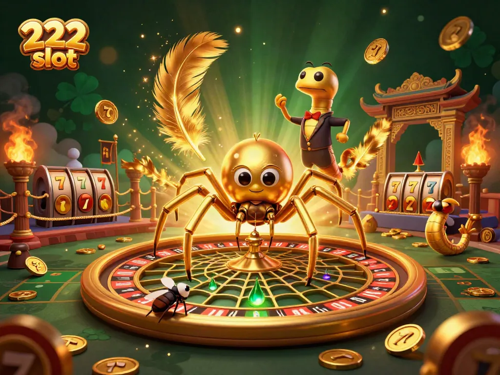 Slot 222 slot yang penuh warna dengan laba-laba emas, taruhan lalat, dan croupier sentipede.