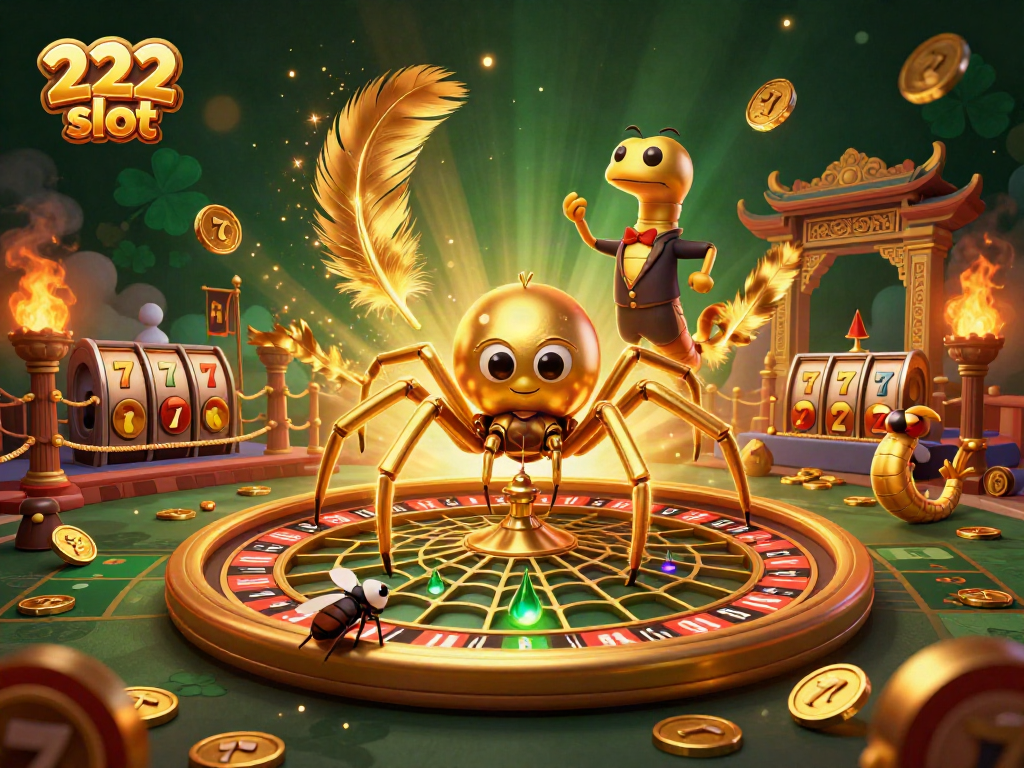 Slot 222 slot yang penuh warna dengan laba-laba emas, taruhan lalat, dan croupier sentipede.