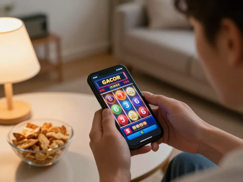 Engaging with link gacor online slot game on mobile device in a cozy home setting.