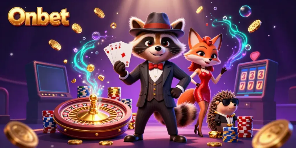 Experience thrilling gameplay at Onbet with 3D characters amidst dazzling casino elements, showcasing excitement and winning opportunities.
