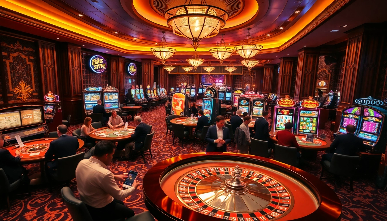 SODO casino scene showcasing high-stakes poker tables with players and colorful slot machines in action.