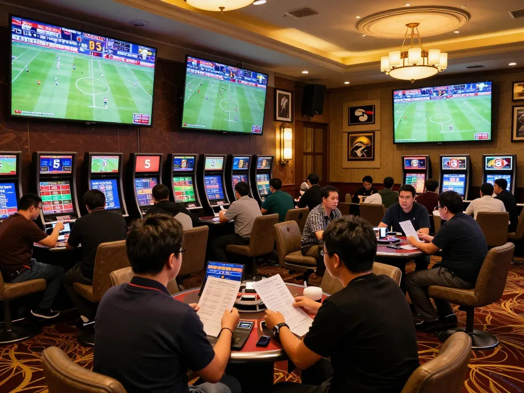 Tỷ lệ kèo nhà cái 5 showcased in a lively sports betting area bustling with excited bettors and large screens