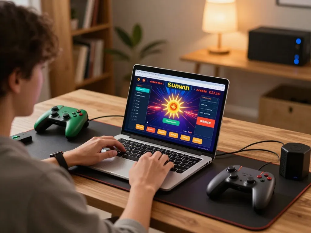 Engaged player accessing sunwin online casino on a laptop, highlighting a cozy home gaming setup.