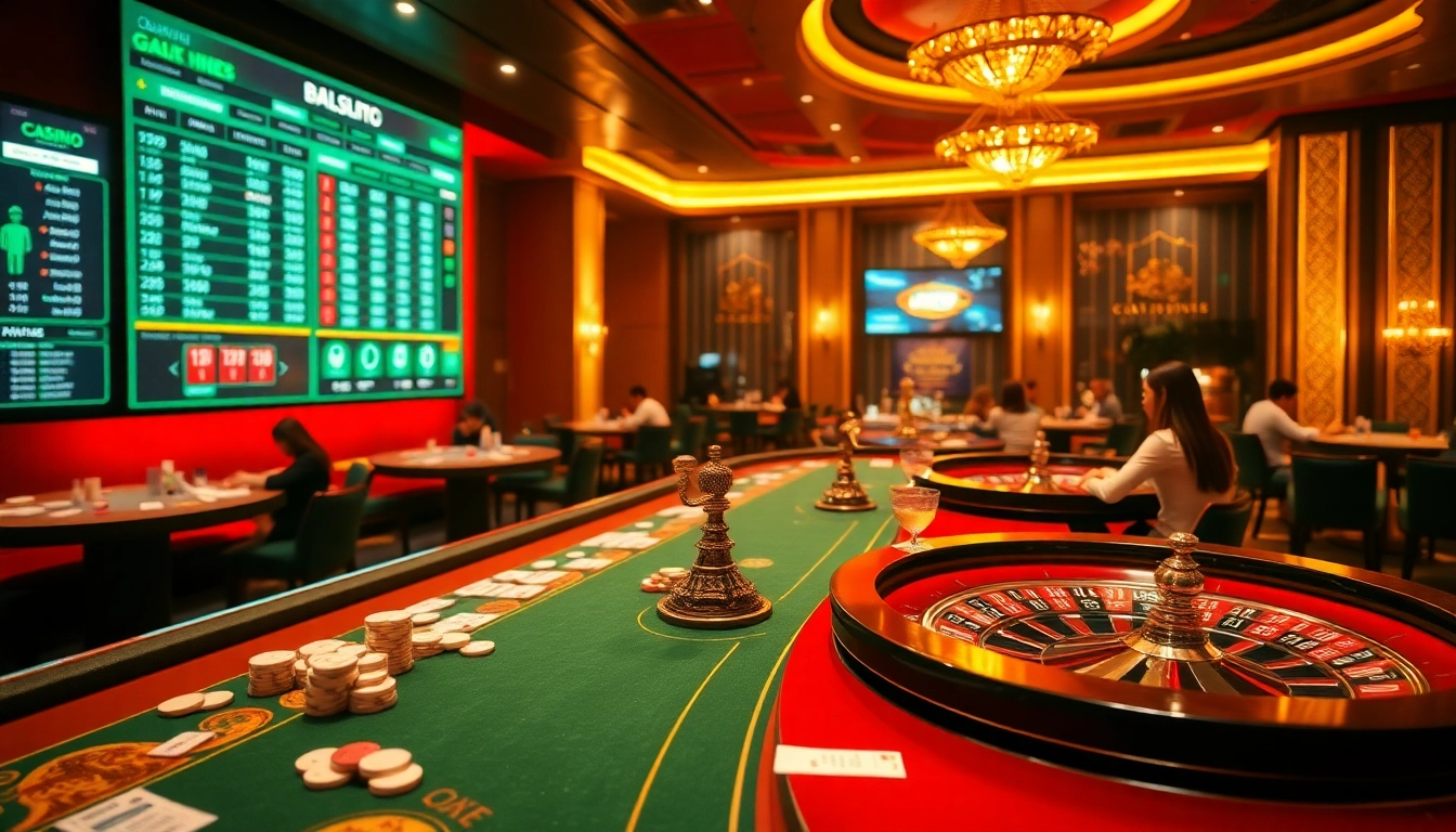 Lô Đề Trực Tuyến gaming scene with casino tables, betting slips, and vibrant colors.