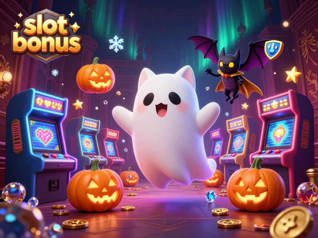 Engage in fun with slot bonus while a friendly ghost cat glides through a haunted casino.