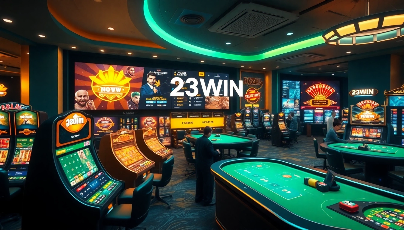 Experience 23WIN's online casino with a vibrant interface showcasing games and secure features.