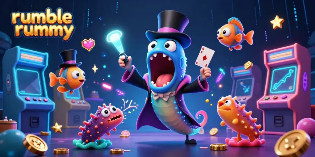 Engage in exciting Rumble Rummy gameplay with vibrant cartoon sea creatures making magic tricks.