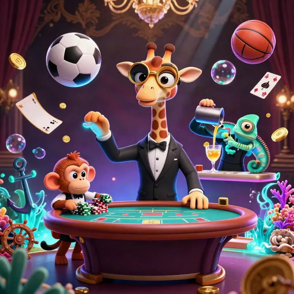 Giraffe, monkey, and chameleon in a neon underwater casino with floating sports props.
