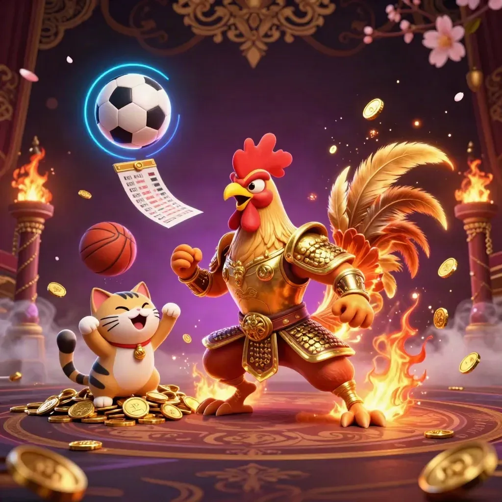 Rooster samurai, dragon hatchling, and fortune cat amid flying balls, sparks, petals, and neon light.