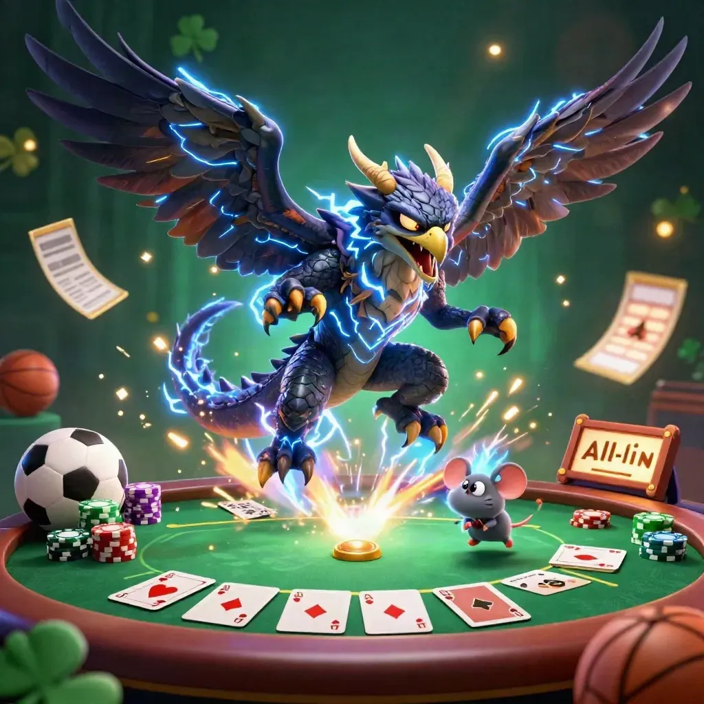 Dragon, hawk, and mouse amid poker chips, cards, balls, and casino lights.