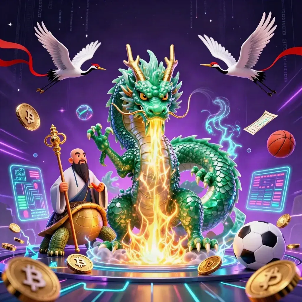 Emerald dragon, turtle sage, and cranes amid neon crypto chaos over a cosmic arena.