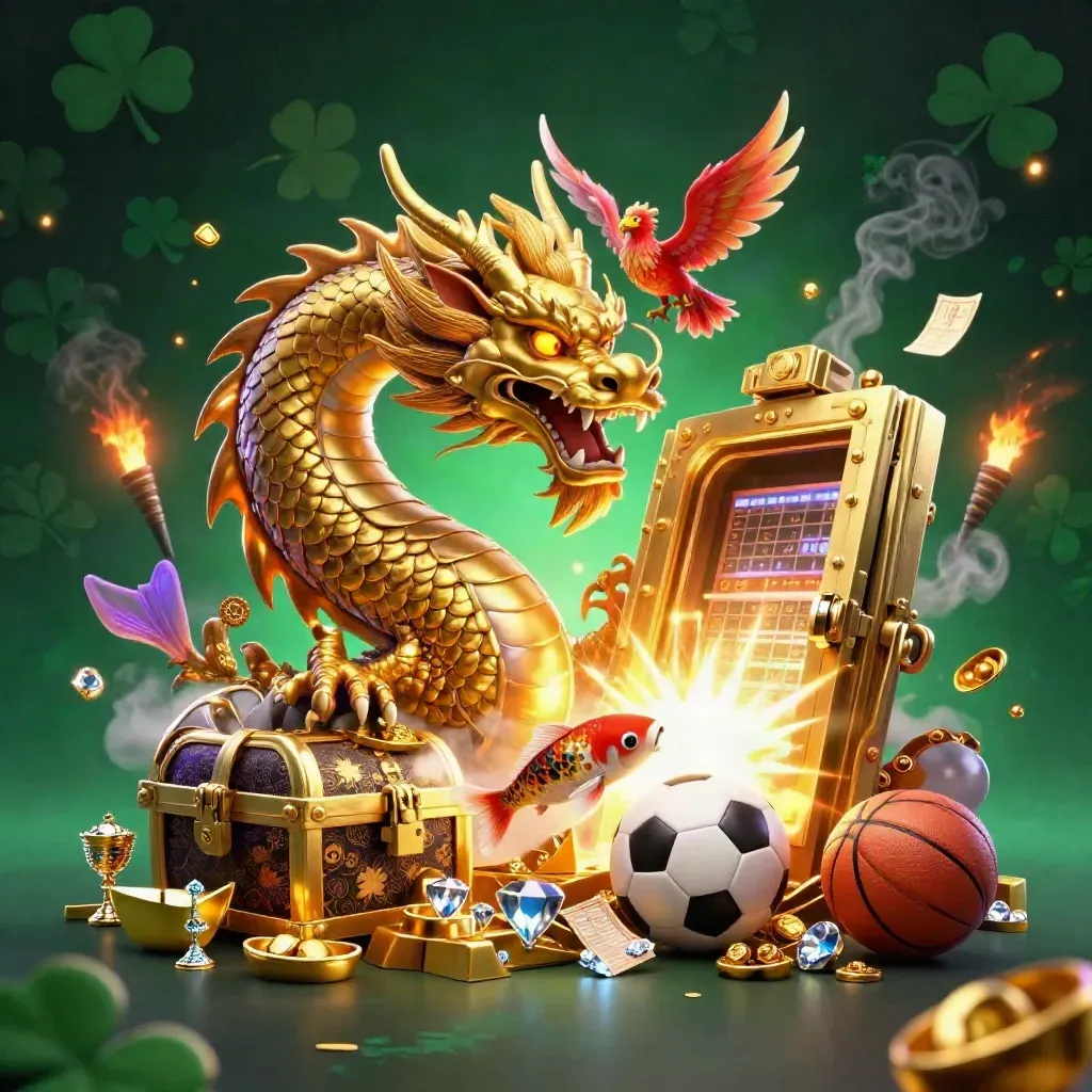 Golden dragon with phoenix, koi, treasure, sports balls, and neon casino glow.