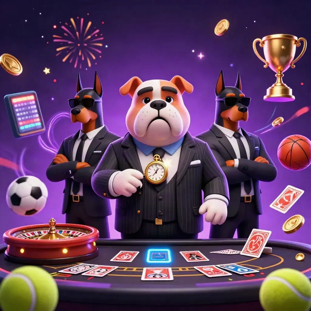 Bulldog mob boss with Dobermans, casino wheel, flying sports balls, trophy, coins, neon lights