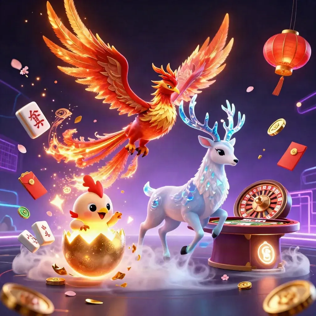 Phoenix, stag, and golden egg amid casino luxuries, neon grid, and drifting petals.