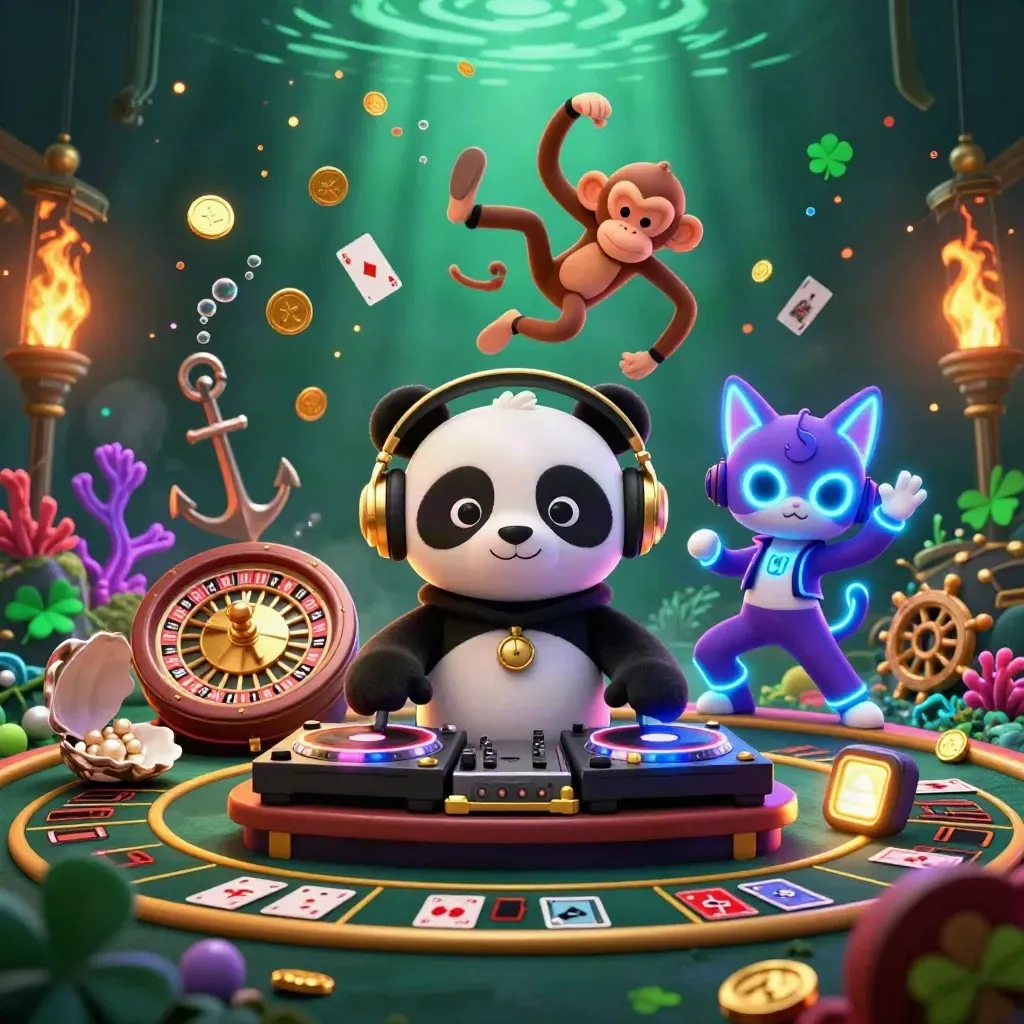 DJ panda, breakdancing monkey, and glow-stick kitten in a neon casino treasure cove