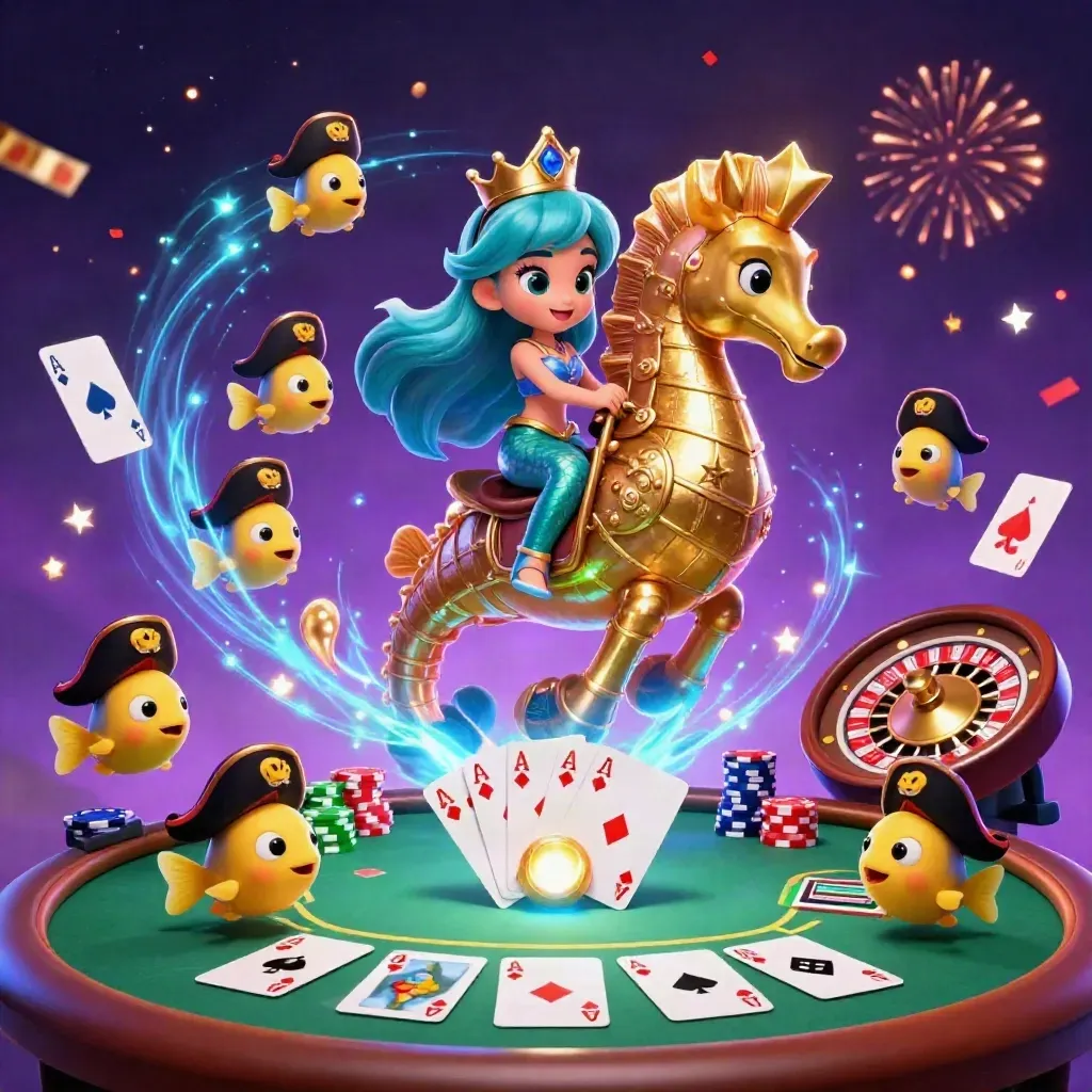 Mermaid princess rides an armored seahorse amid casino flair, chips, aces, fireworks, and neon magic.