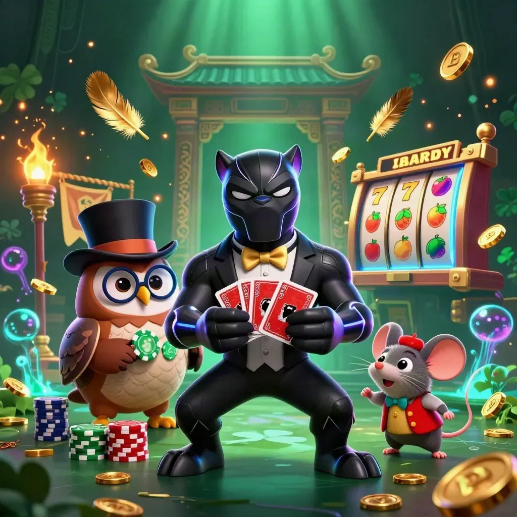 Panther, owl, and mouse amid neon casino treasure, temple gate, ring, and glowing chips.