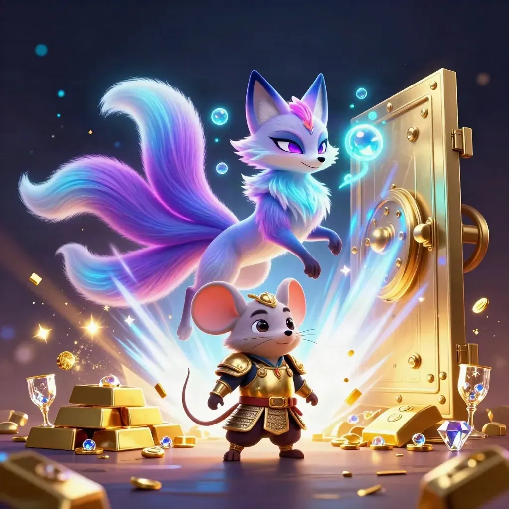 Nine-tailed neon fox spirit and armored samurai mouse amid a bursting gold vault