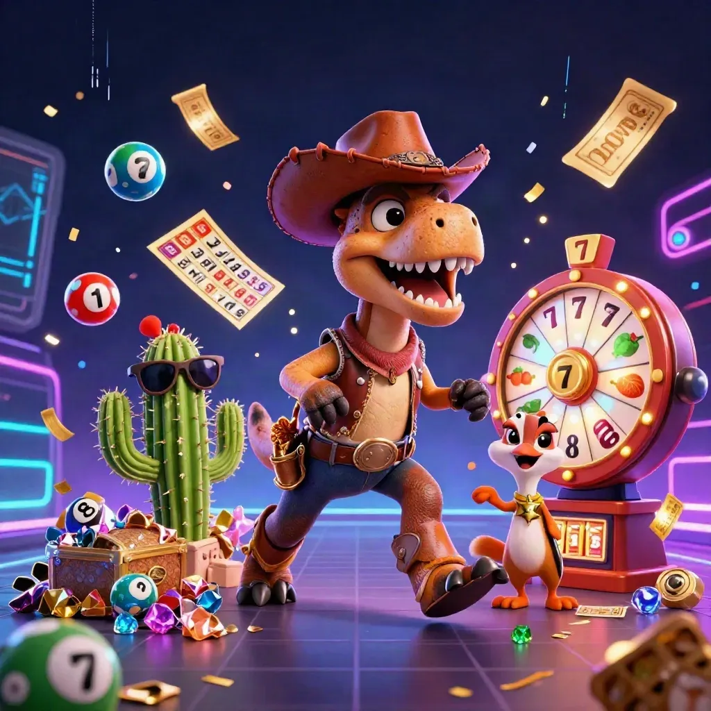 Cowboy T-Rex, cactus sidekick, and sheriff roadrunner burst with casino icons in neon blue.