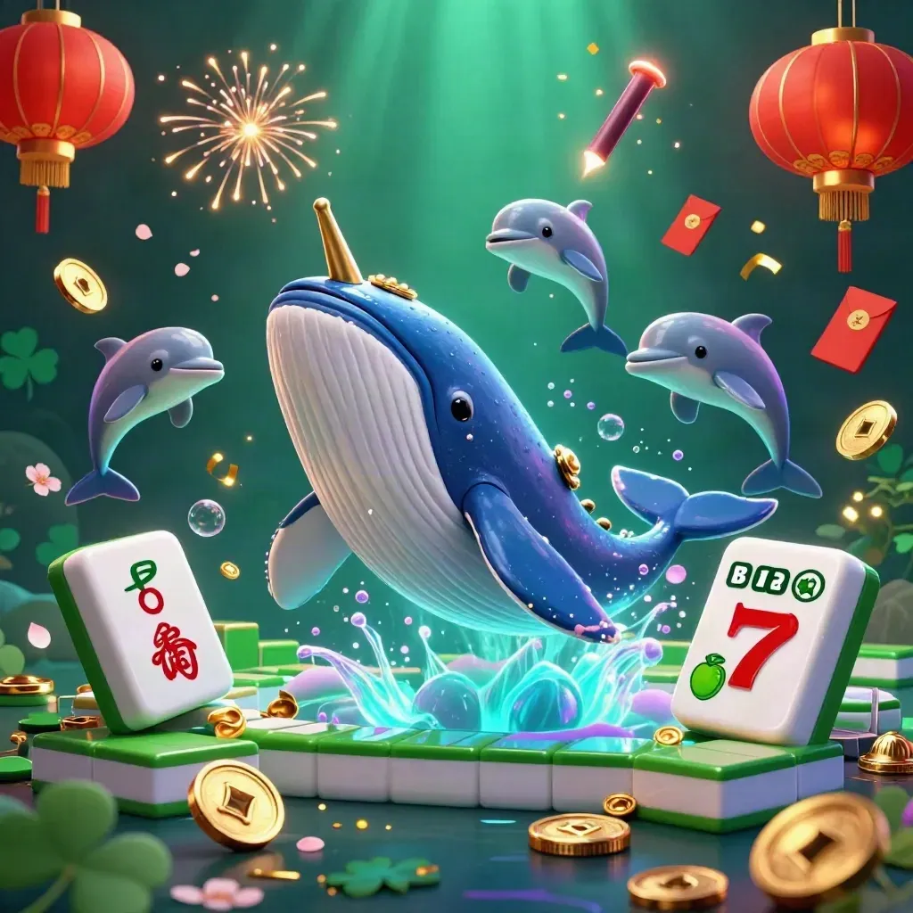 Captain whale, narwhal and dolphins burst through coins with neon blue casino glow.