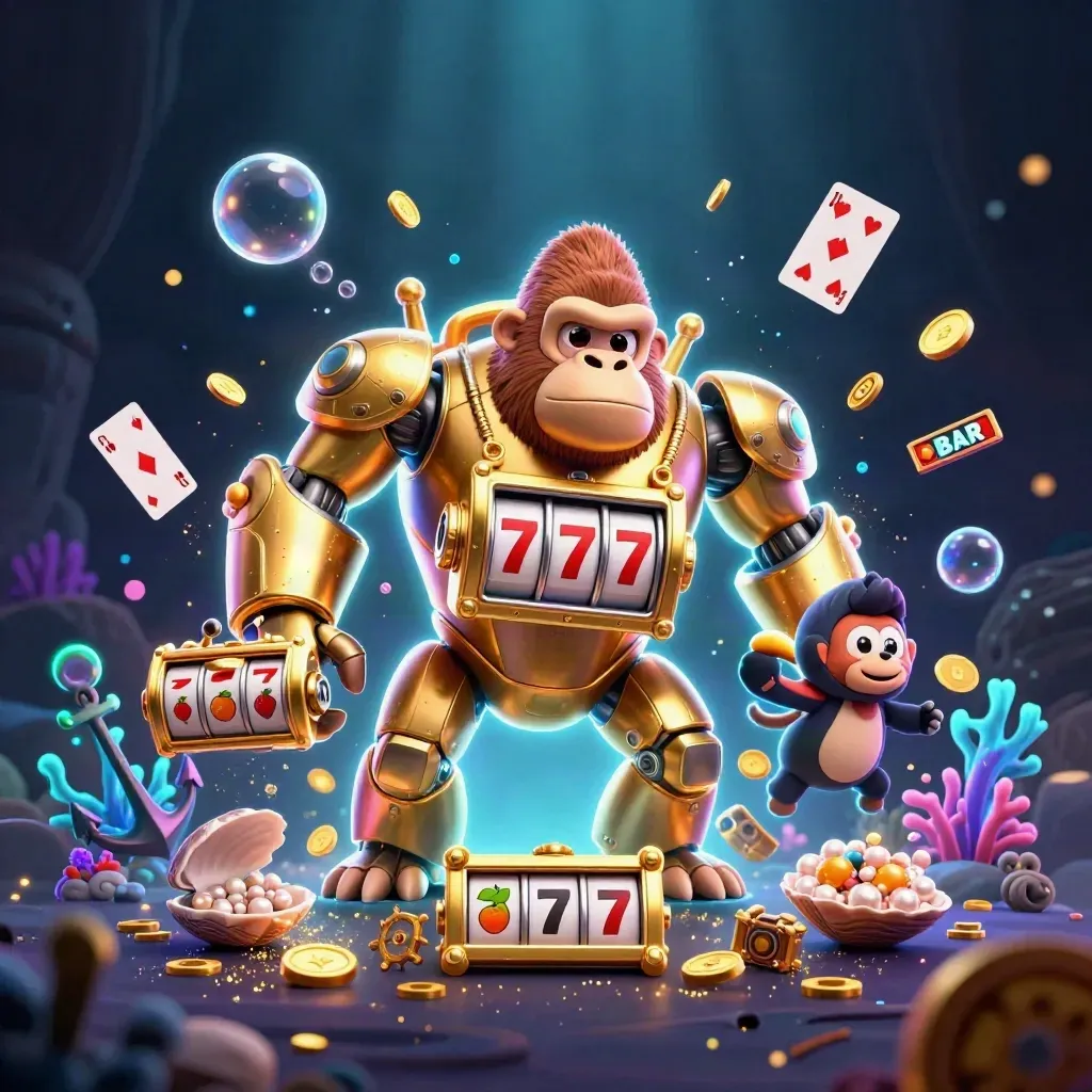 Golden gorilla mech with tiny monkey pilot amid treasure cove bursts and neon casino effects