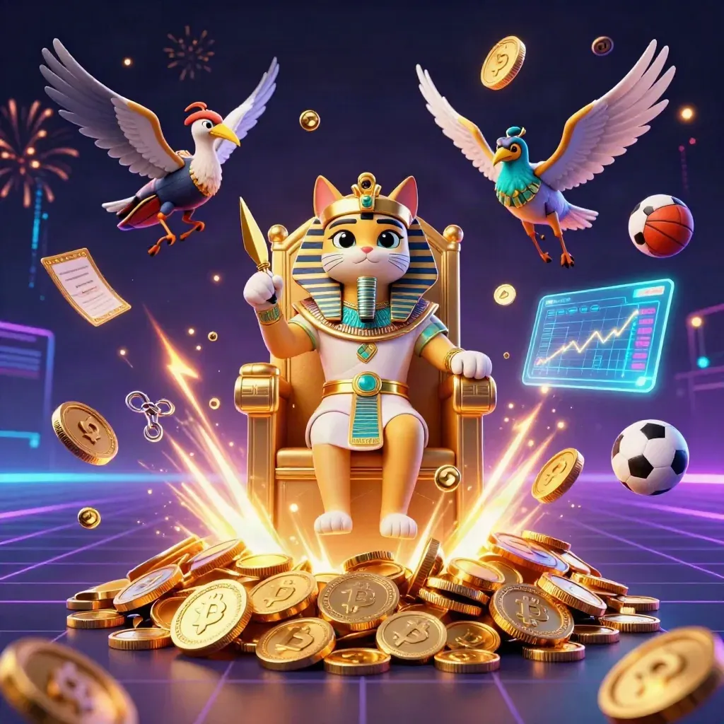 Pharaoh cat, ibis scribe, and gem-winged scarabs amid coins, crypto, neon lightning, and fireworks.