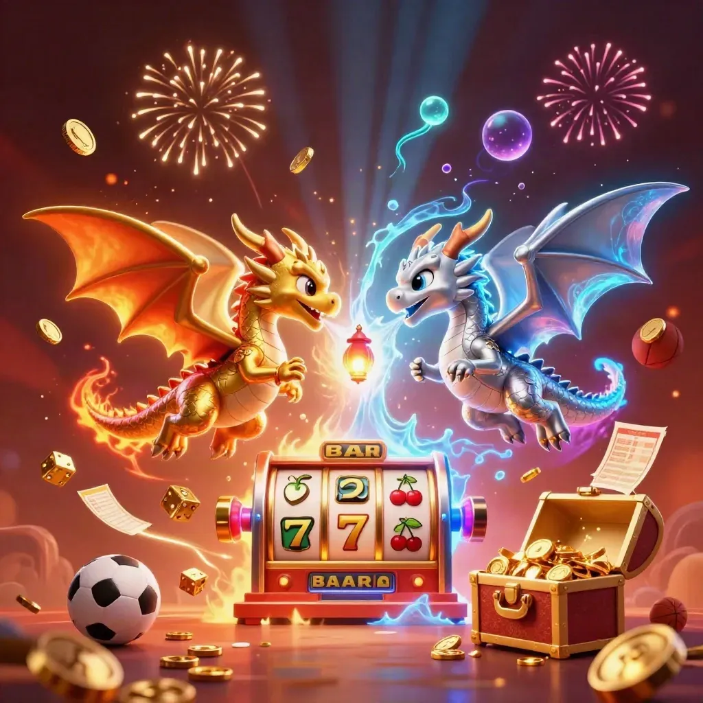 Two dragons yin-yang above bursting coins, slot machine, treasure, sports props, glowing neon casino art.