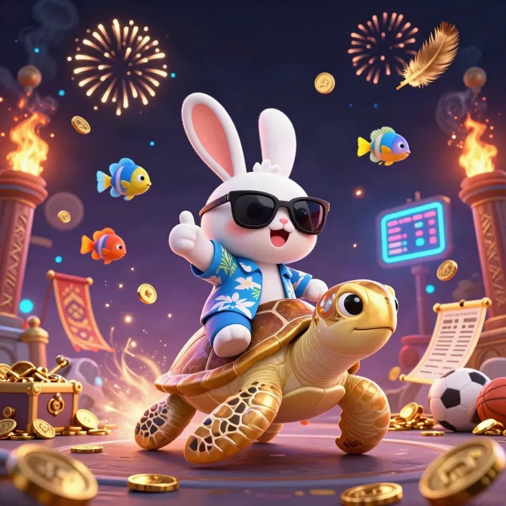 Lucky rabbit rides a gold sea turtle through a neon treasure burst, coins, fish, and a temple gate.