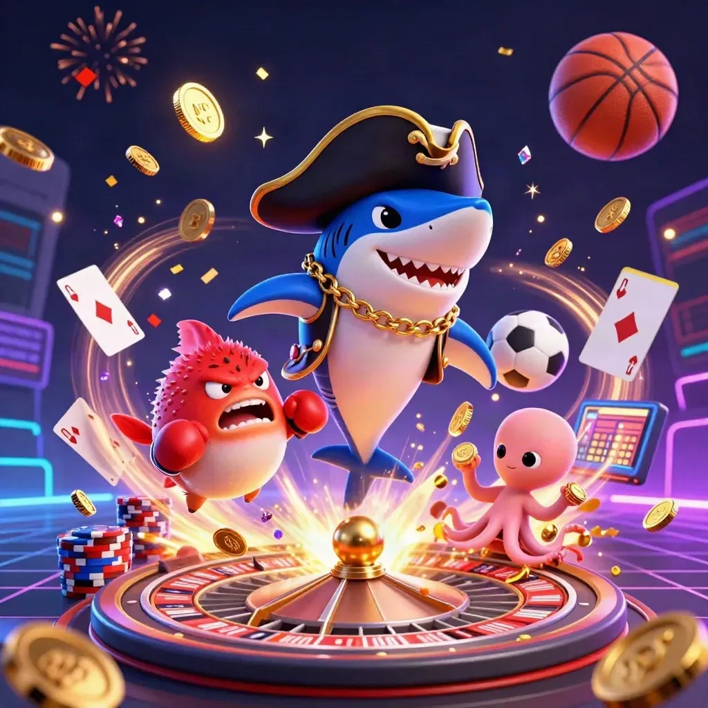 Pirate shark, pufferfish, and baby octopus amid coins, fireworks, and neon casino treasure.