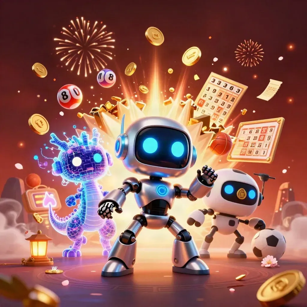 Robot mascot, holographic dragon, coins, fireworks, and casino prizes bursting in a neon arena.