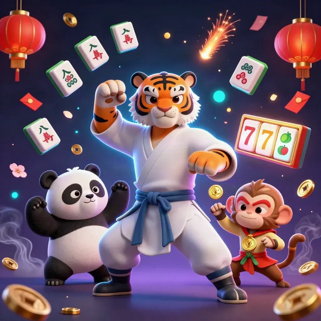 Kung-fu tiger, panda, and monkey amid casino icons, neon lights, and coin bursts