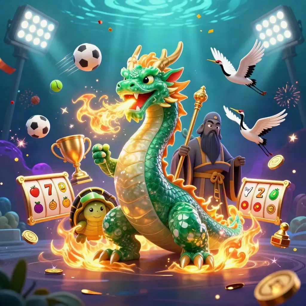 Jade dragon, turtle sage, and ribbon cranes amid casino sports icons and neon effects