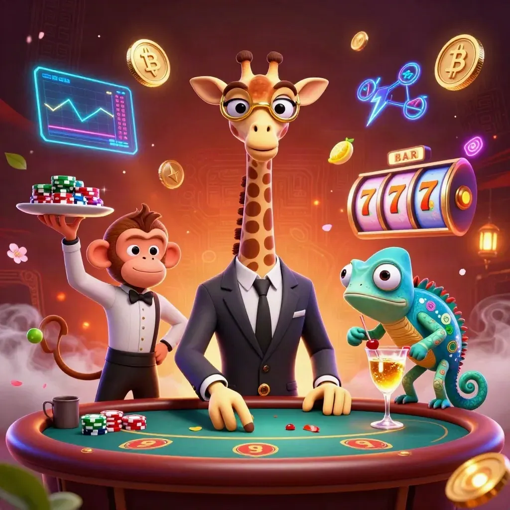 Giraffe high roller, monkey valet, and chameleon bartender amid neon crypto casino chaos.