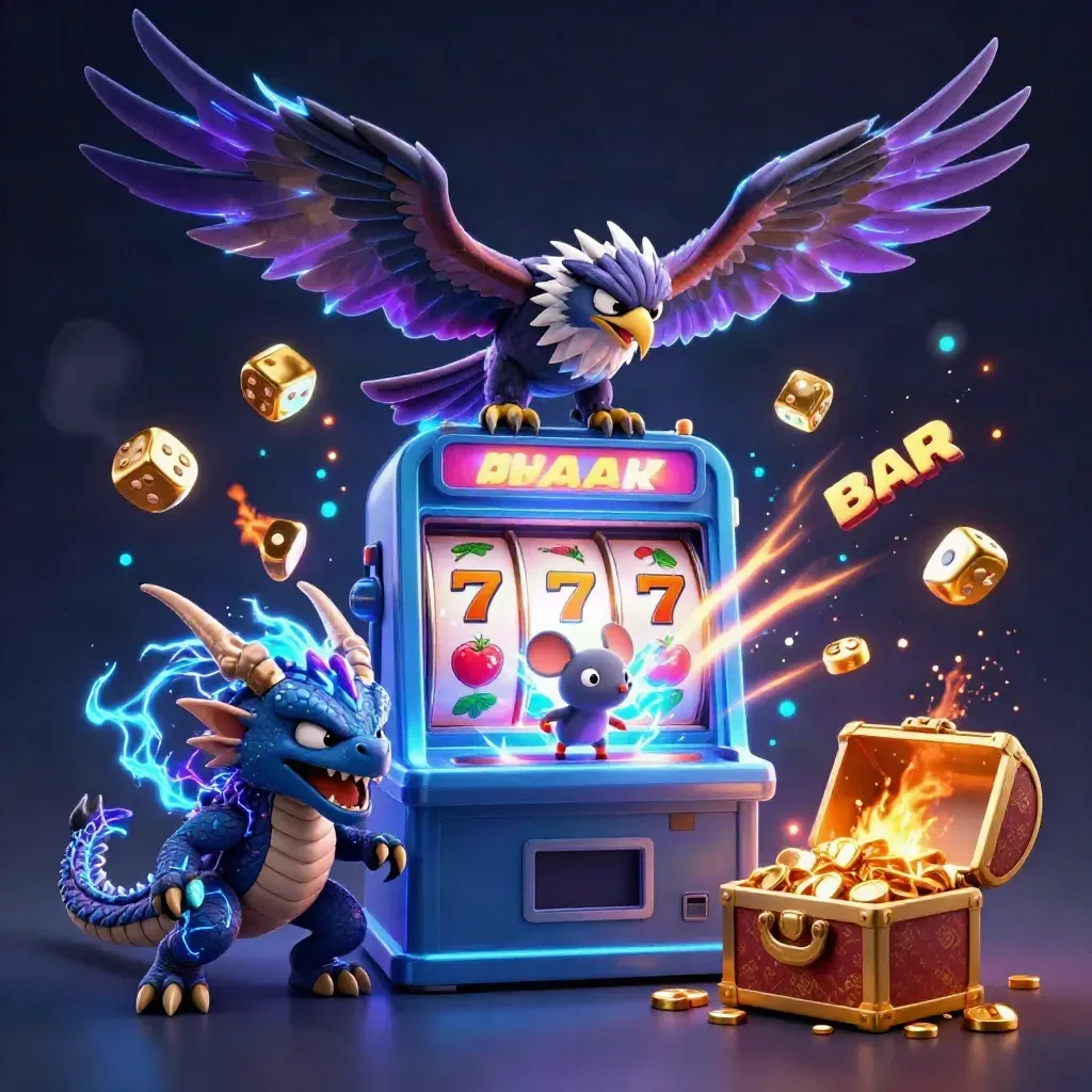 Thunder dragon, wind hawk, and static mouse explode with slot machine jackpots and gold.