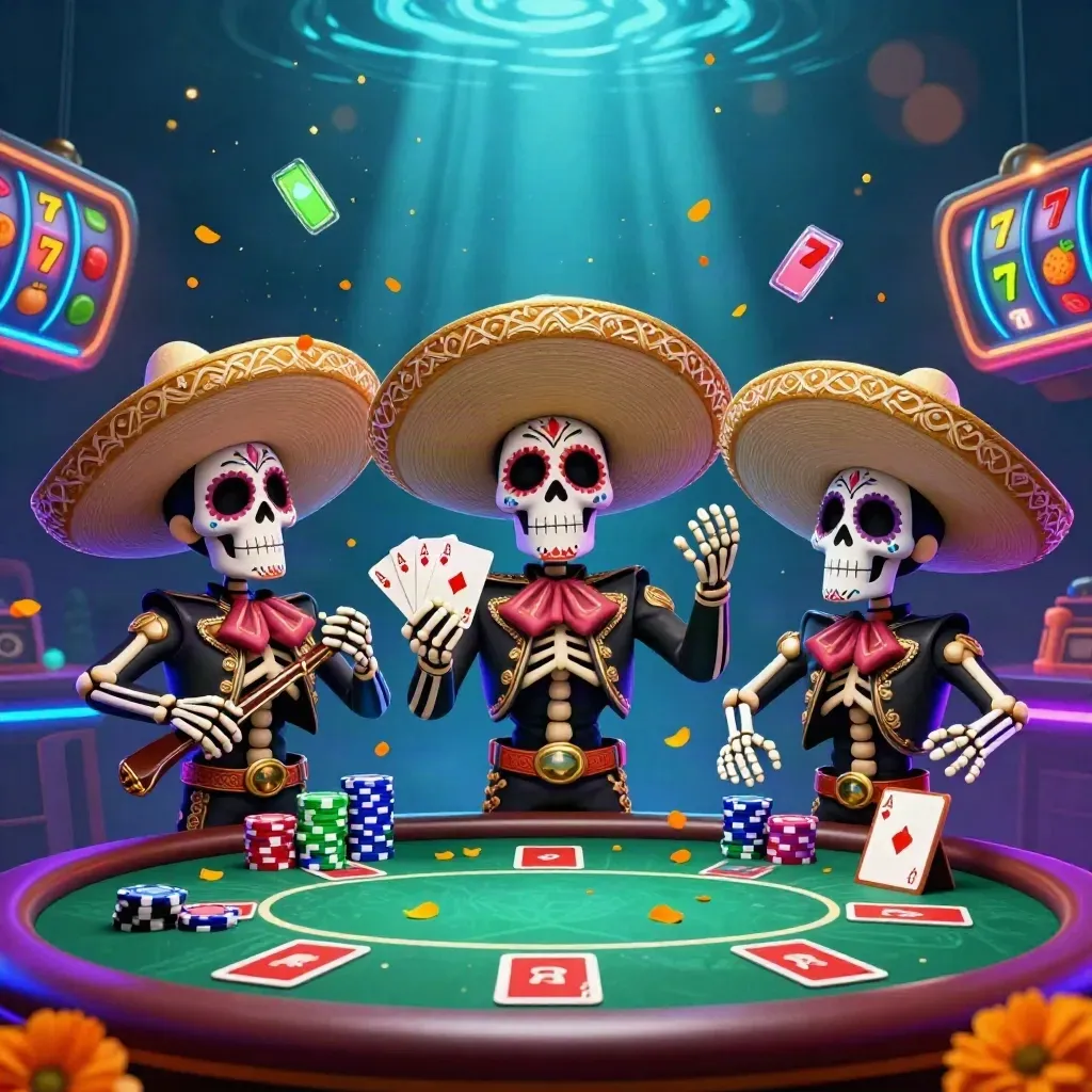 Day-of-the-Dead mariachi skeleton trio around a poker table with slot reels in neon casino light