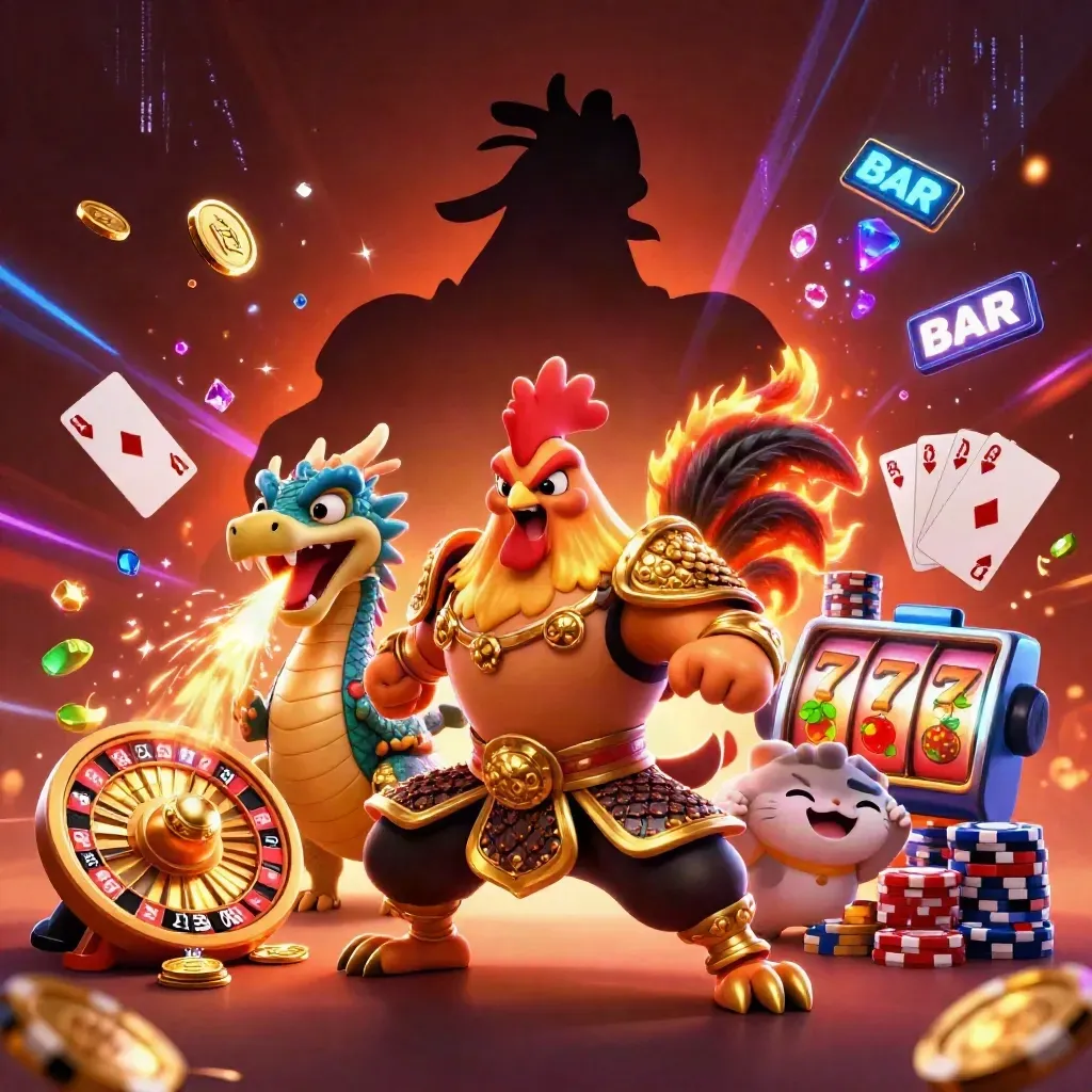 Rooster warrior, dragon hatchling, and fortune-cat amid casino effects and neon energy.