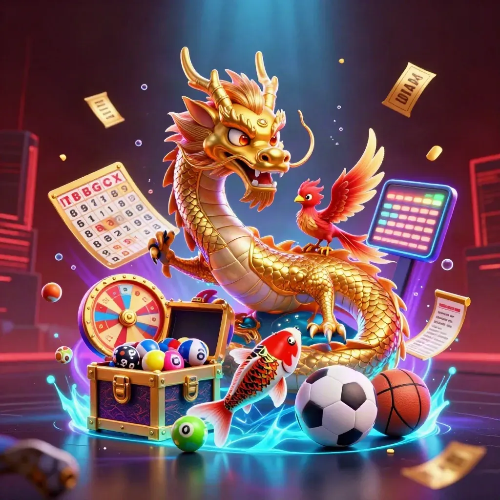 Golden dragon with phoenix and koi amid casino icons, neon-lit on dark skyline