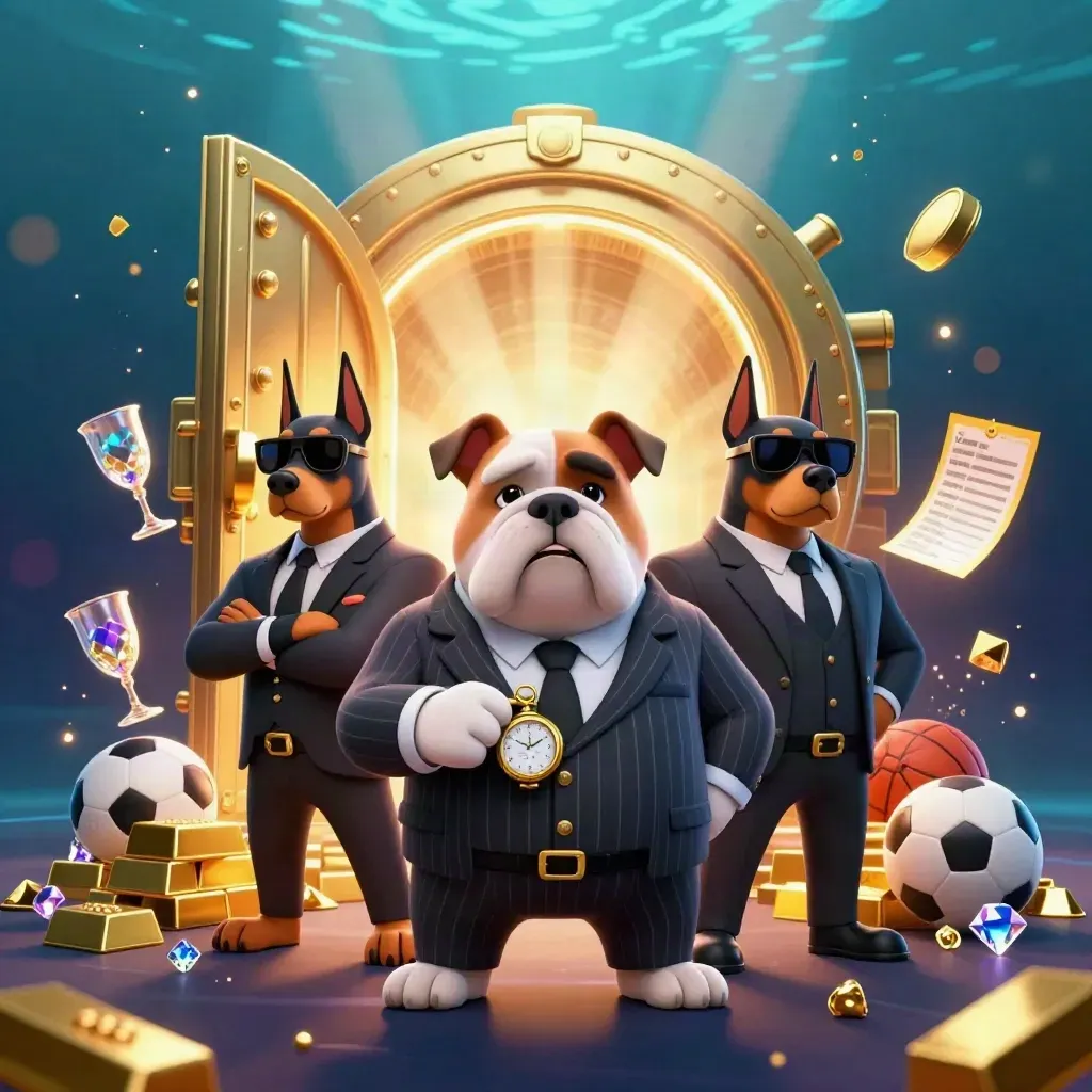 Bulldog mob boss with two Dobermans, vault gold, sports props, and neon casino glow.
