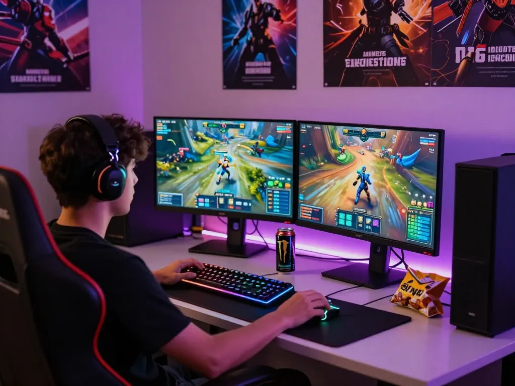 Intense gaming scene showcasing gameplay at https://789p.gg/ with dual monitors, vibrant graphics, and a dynamic atmosphere.