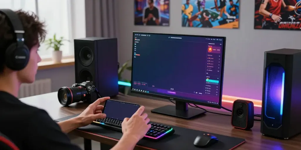 Player engaging with ORION88 APK on smartphone in a vibrant gaming setup.