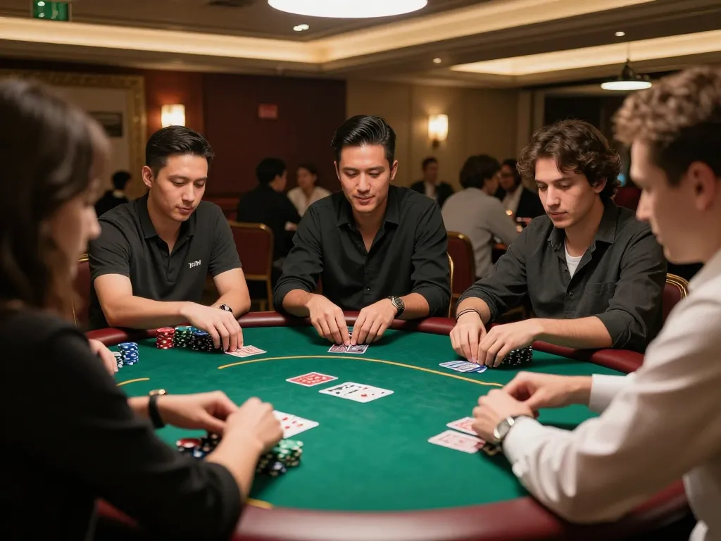 Players enjoying a strategic poker game at 123bmvp casino, vibrant atmosphere and engaging gameplay.