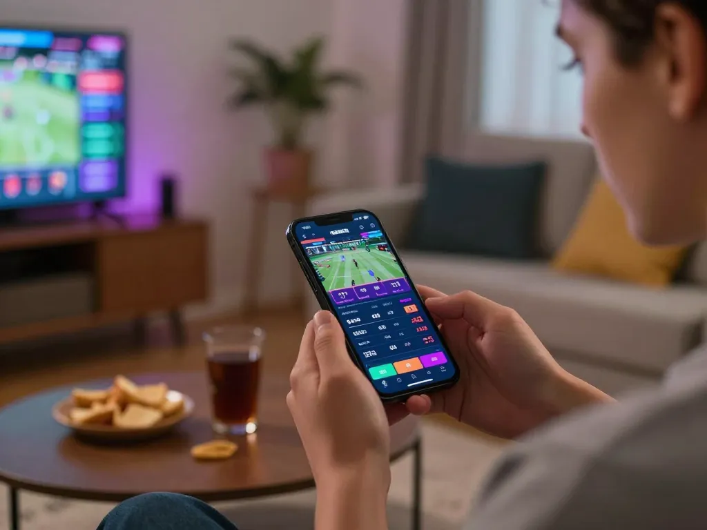Engaging in live betting with debet on a smartphone, creating a dynamic sports wagering atmosphere.