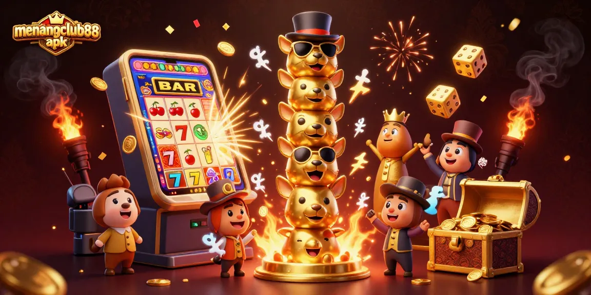 Spin to win with menangclub88 apk in this exciting casino adventure featuring vibrant slot machines and lively elements.